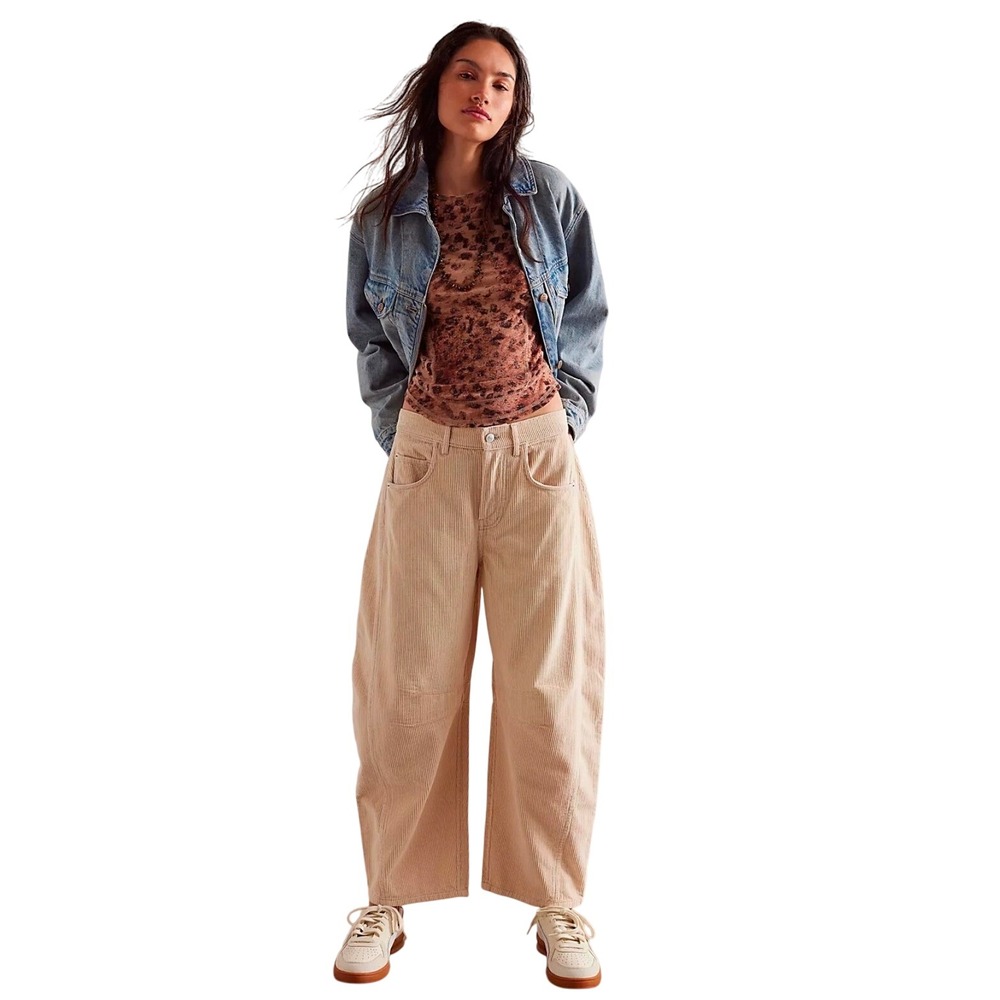 We The Free Good Luck Mid-Rise Cord Beige Barrel Jeans Women's Size 31